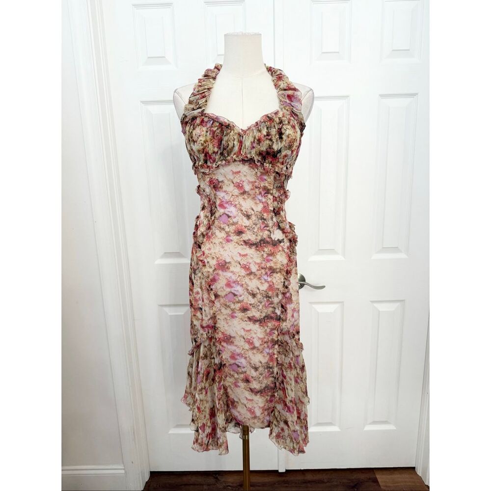 Zac Posen Womens Siren Floral Silk Chiffon Halter Ruffled Midi Dress Pink Size 4